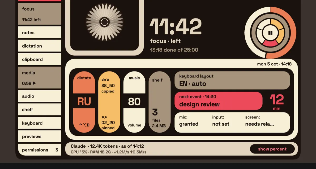 Design study in progress, not in the app yet: the Shuichi hub as a sci-fi info sheet.