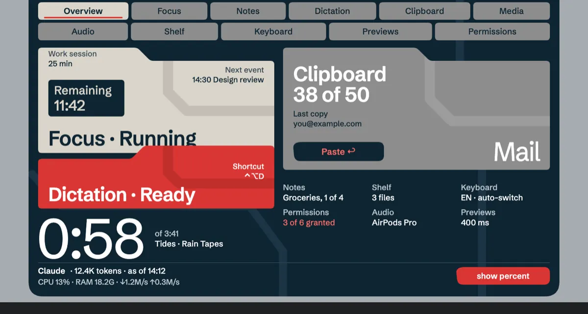 Design study in progress, not in the app yet: the Shuichi hub as a spec card stack.