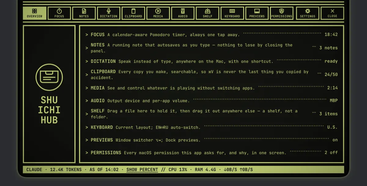 Design study in progress, not in the app yet: the Shuichi hub as a phosphor terminal.