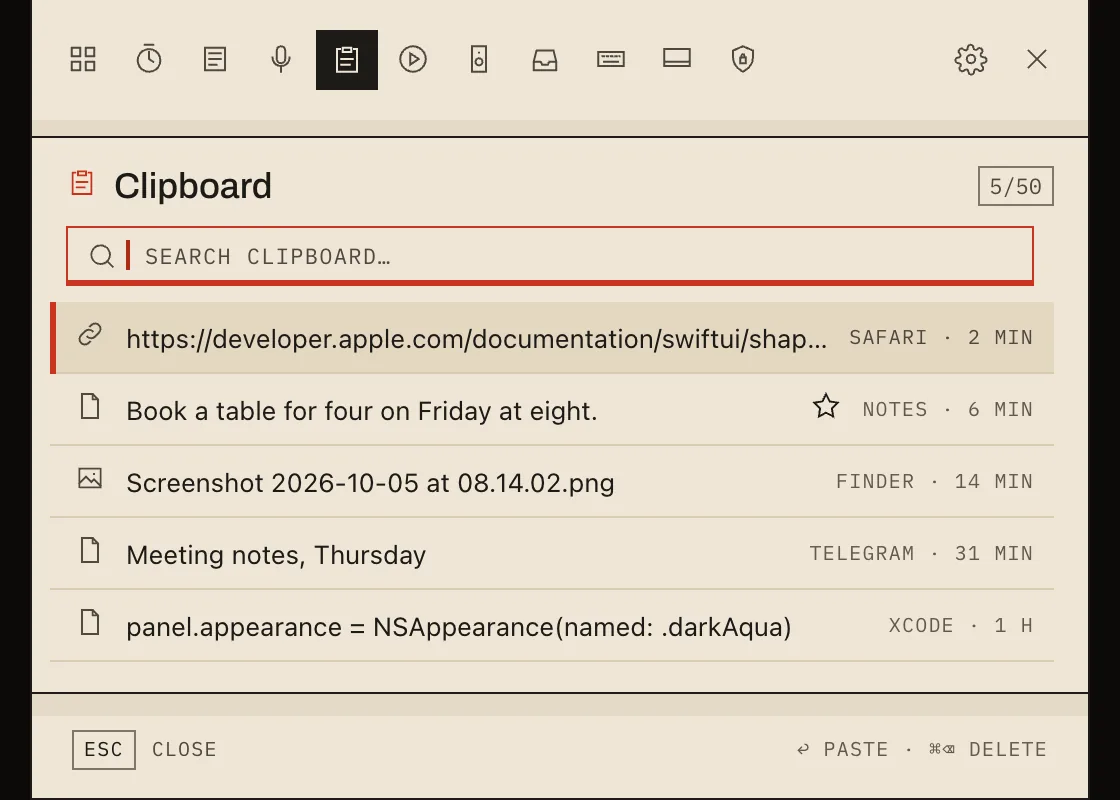 The Shuichi hub on the Clipboard tab in the Manual style: square corners and ink rules on paper.